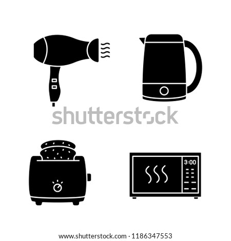 Household appliance glyph icons set. Hair dryer, electric kettle, slice toaster, microwave oven. Silhouette symbols. Vector isolated illustration