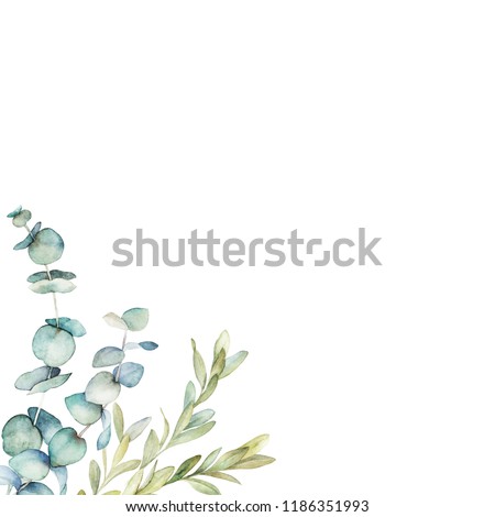 Watercolor floral card with eucalyptus branch. Hand drawn botanical illustration. Art watercolour background