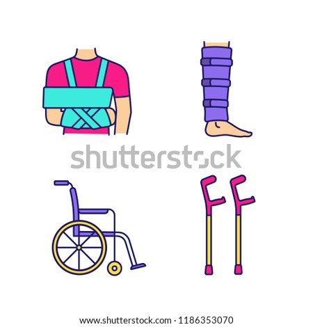 Trauma treatment color icons set. Shoulder immobilizer, shin brace, wheelchair, elbow crutches. Isolated vector illustrations