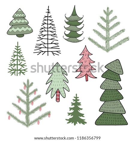 Vector collection of different Christmas trees. Hand drawing. Illustration is perfect for decoration of holiday cards or packages.
