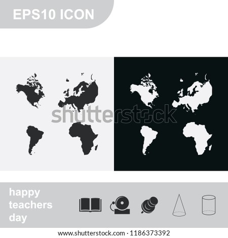 Four continents flat black and white vector icon.