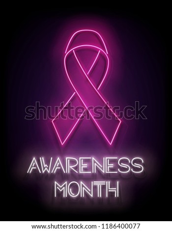Vintage Glow Signboard with Pink Ribbon. Breast Cancer Awareness Month. Template for Flyer, Banner, Invitation. Glossy Black Background. Vector 3d Illustration. Clipping Mask, Editable