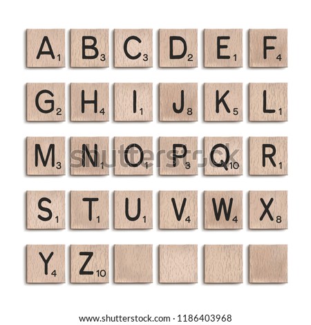 Wooden tiles alphabet 3d realistic letters. Word puzzling board game design elements set. Vector illustration. Royalty-Free Stock Photo #1186403968