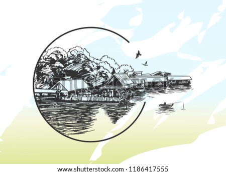 Sketch of small village on water in circle frame with fishing boat, Hand drawn vector illustration on watercolor background