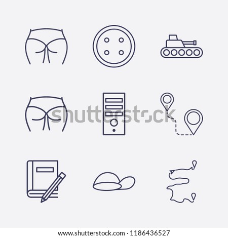Outline 9 back icon set. pc case, tank, ass figure, dress button, book and pencil, distance and cap vector illustration