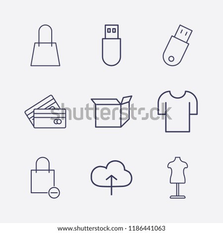 Outline 9 store icon set. usb, cloud upload, shopping bag remove, mannequin, t shirt, shopping bag, credit card and box vector illustration