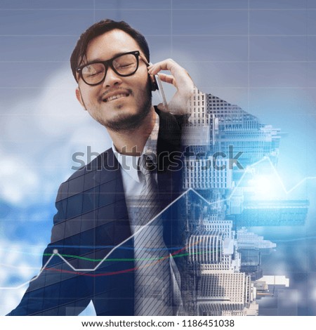 Double exposure image of businessman using mobile phone with modern business buildings and cityscape in the background. Digital innovation and technology disruption concept.