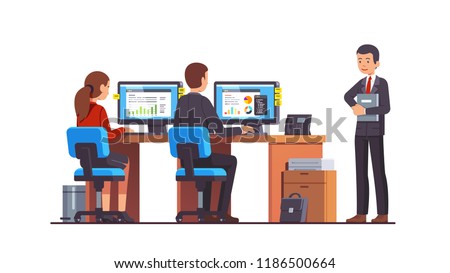 Supervisor manager or boss executive holding document folder watching at two analyst employees working at their desks & desktop computers doing work. Flat style vector illustration Royalty-Free Stock Photo #1186500664