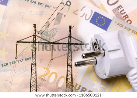 electric high-voltage line network on a background of money close-up. The concept and symbol of raising prices and tariffs for electricity