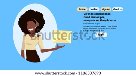 african american headset woman holding paper envelope chat online support service concept call center operator female cartoon character portrait horizontal blue background flat vector illustration