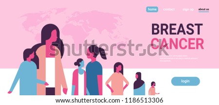 breast cancer day mix race woman group disease awareness prevention poster female cartoon character horizontal copy space flat vector illustration