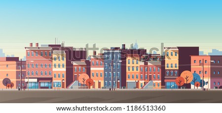 city building houses view skyline background real estate cute town concept horizontal banner flat vector illustration Royalty-Free Stock Photo #1186513360