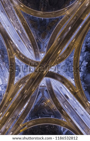 aerial view of highway interchange at night