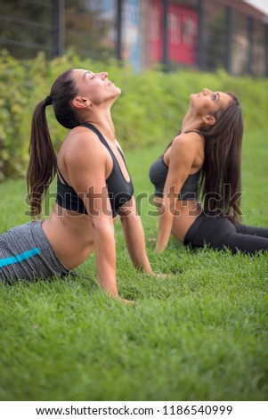 Fitness girl friends doing warm-up exercises together in the park