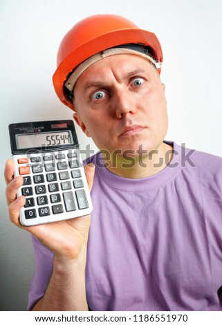 Fun Male Construction Worker Builder in Orange Helmet with Calculator, Concept Architects, Accounting and Analyzing Building Structure, Construction Theme, Constantly Changing Interest Rates