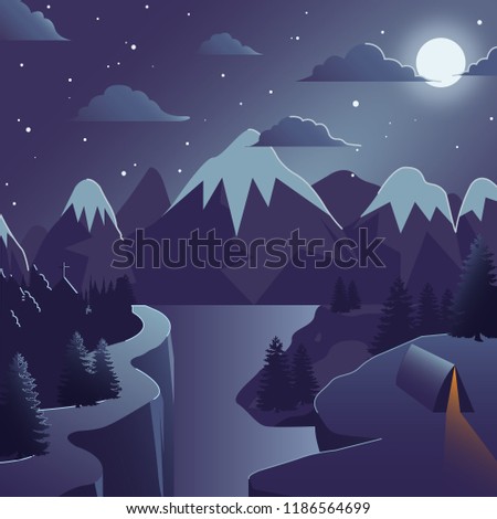 Night Winter Mountain Vector Lanscape with climbs and river