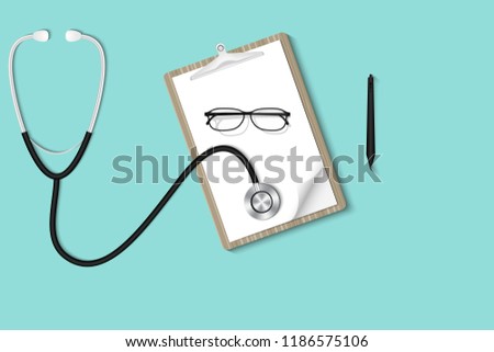 Health checkup concept, Doctor's desktop workspace with stethoscope and equipment.