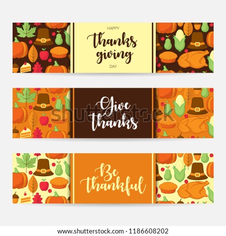 Set of happy thanksgiving banner with flat icon. Can be used for poster, banner, flyer, invitation, website or greeting card. Vector illustration
