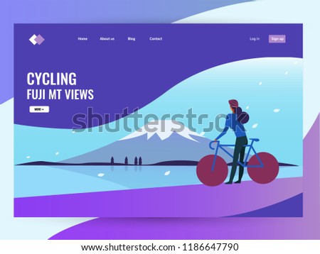 Woman riding bike in winter with fuji mt.  landscape. Website landing page. flat design vector illustration
