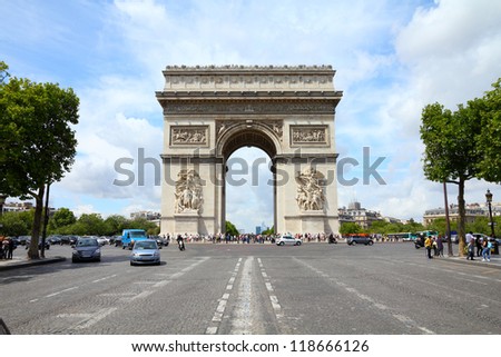 Paris, France - famous Triumphal Arch located at the end of Champs-Elysees street. UNESCO World Heritage Site. HDR photo. Royalty-Free Stock Photo #118666126