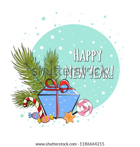 The branch of spruce, sweets and a new year gift.The design of the banner for congratulations on the new year and Christmas. Colored vector illustration in cartoon style.