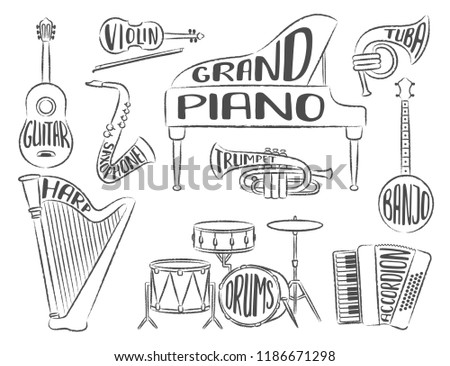 Set of musical instruments with lettering with the names of the instruments: piano, guitar, violin, drums, isolated on a white background. Contours, outlines. Vector illustration