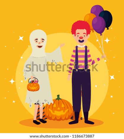 halloween card with ghost disguise and clown