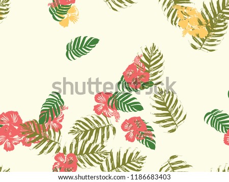 Tropical background. Green, pink, red, yellow monstera, hibiscus, palm vector elements. Hawaiian exotic cover template. Summer botanical backdrop. Vintage print with tropic floral jungle texture.
