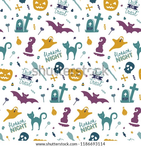 Funny Hand drawn seamless pattern for halloween with pumpkin, candy, ghost, spider, bat, witch hat, cat, skull, lettering. Vector wallpaper.