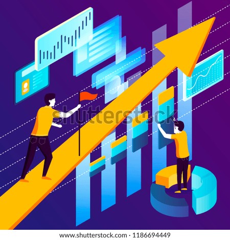 Vector concept illustration - rising arrow with charts, profit stats. Modern bright banner template with place for your text.