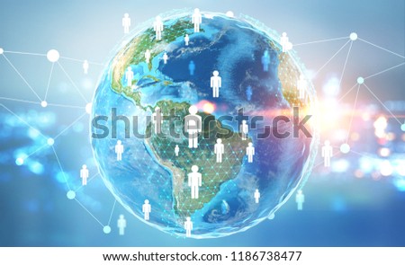 Earth with polygons on it and white people network icons over a blurred night cityscape. Toned image double exposure Elements of this image furnished by NASA
