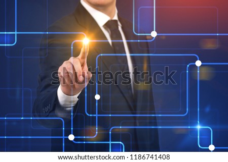 Unrecognizable young businessman using ar interface over blue red background. Hi tech and fintech concept. Toned image double exposure copy space