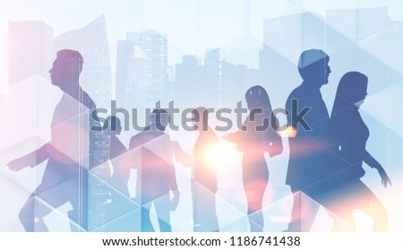 Diverse business team members walking and standing over foggy cityscape background and triangular pattern in the foreground. Business success concept. Toned image double exposure mock up