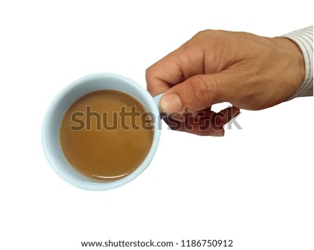 Men's hand holding a hot coffee cup isolated topview