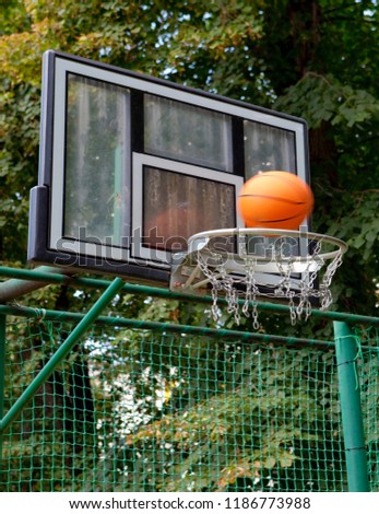 Basketball Board with Basket and Orange Ball Outdoors.