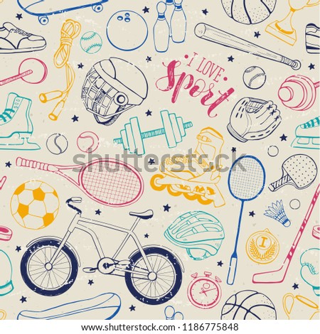 Seamless pattern from sport equipment in doodle style. Vector illustration. Hand drawn sport accessories on vintage background.
