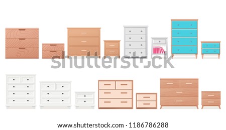 Chest of drawers, bedside table set. Vector. Furniture icon in flat design. Wooden textured dresser, commode. Cartoon house equipment for bedroom, living room isolated on white background. Royalty-Free Stock Photo #1186786288