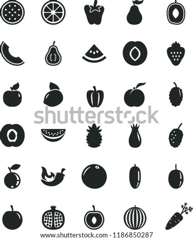 solid black flat icon set chili vector, peper, strawberry, ripe peach, half apricot, pomegranate, plum, rose hip, blueberry, mulberry, tasty, water melon, slice of, delicious, date fruit, cherry