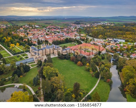 Castle Lednice in Czech Republic - aerial view - travel and architecture background