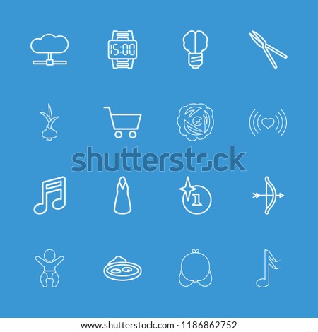 Art icon. collection of 16 art outline icons such as explosion, dress, note, bow, garden tools, pond, brain bulb, cloud, shopping cart. editable art icons for web and mobile.