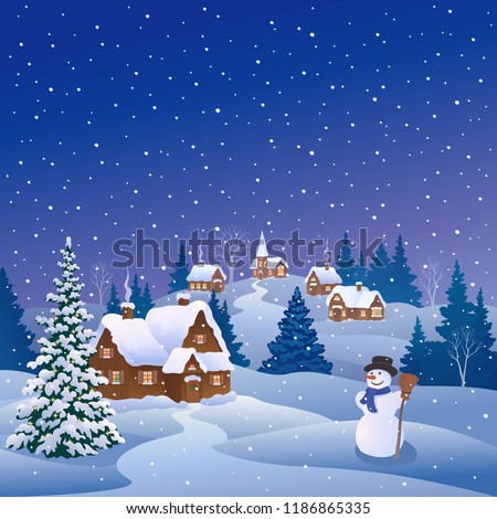 Vector cartoon drawing of a snowy Christmas village and a cute snow man, square scenery