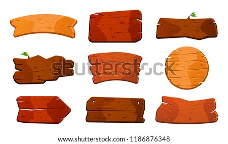 Cartoon wood sign boards. Old west wood planks set. Welcome boards with leaves. Planks for banners or messages. Vector wood boards isolated on white background.
