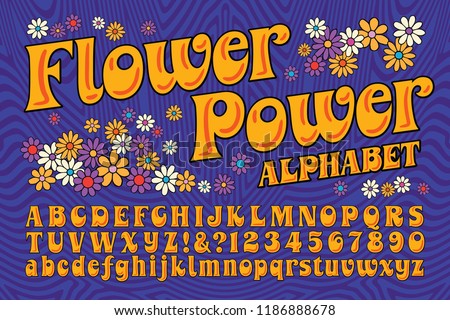 A flower power hippie themed font. This alphabet is in the style of late 60s and early 70s psychedelic artwork and lettering. Royalty-Free Stock Photo #1186888678