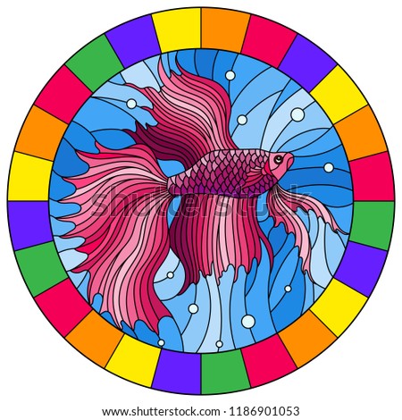 Illustration in stained glass style with pink fighting fish on the background of water and air bubbles,round image in frame