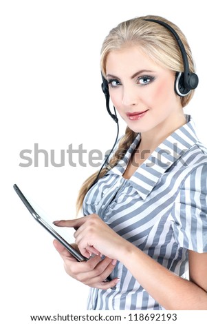 Can I help you ? Closeup of a female customer service representative