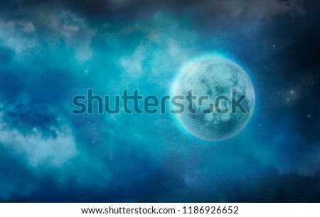 Full Moon in Cloudy Sky. Dark Moon in Clouds. Stars and Moon