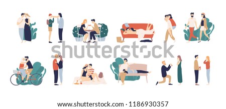 Bundle of scenes with adorable romantic couple. Man and woman kissing, hugging, riding bicycle, walking, eating, drinking cocktail, lying on sofa. Colorful vector illustration in flat cartoon style. Royalty-Free Stock Photo #1186930357
