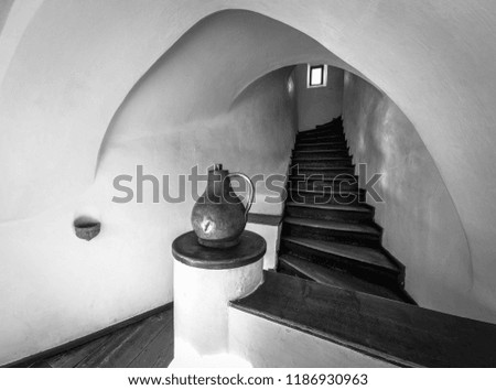 Interior stairs from the Bran Castle in black and white
