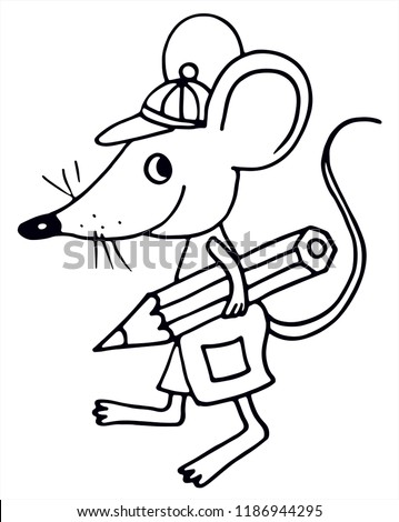 Cute mouse with hat is holding a pencil. Black and white vector for coloring. For card or gift. 