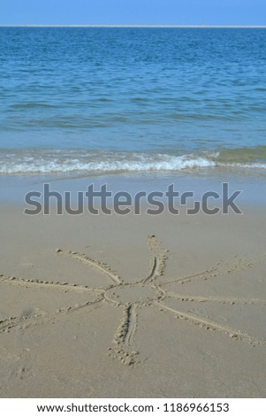 Sun in the wet sand on the beach painted with wave and blue sky